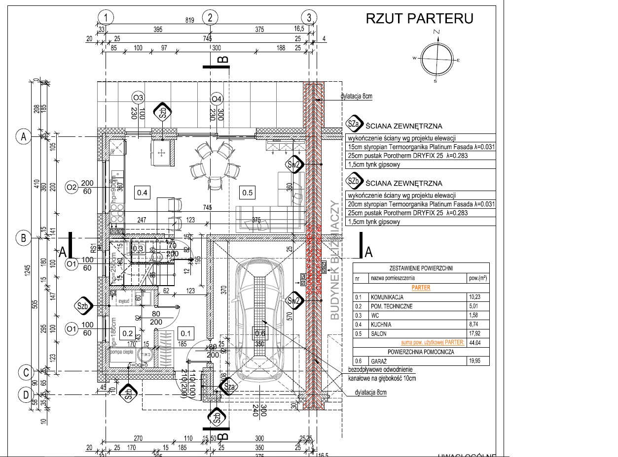 Rzut parteru — salon z centralnym garażem