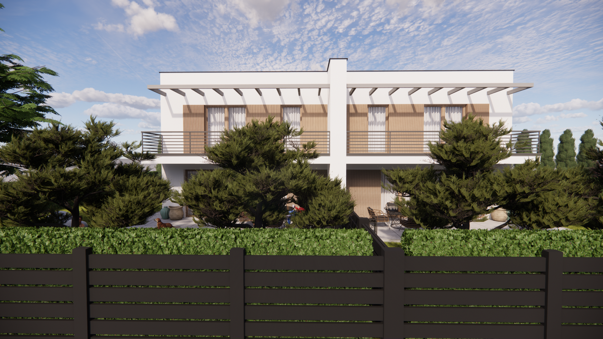 Nowa Residence — widok frontu obu domów z pergolami